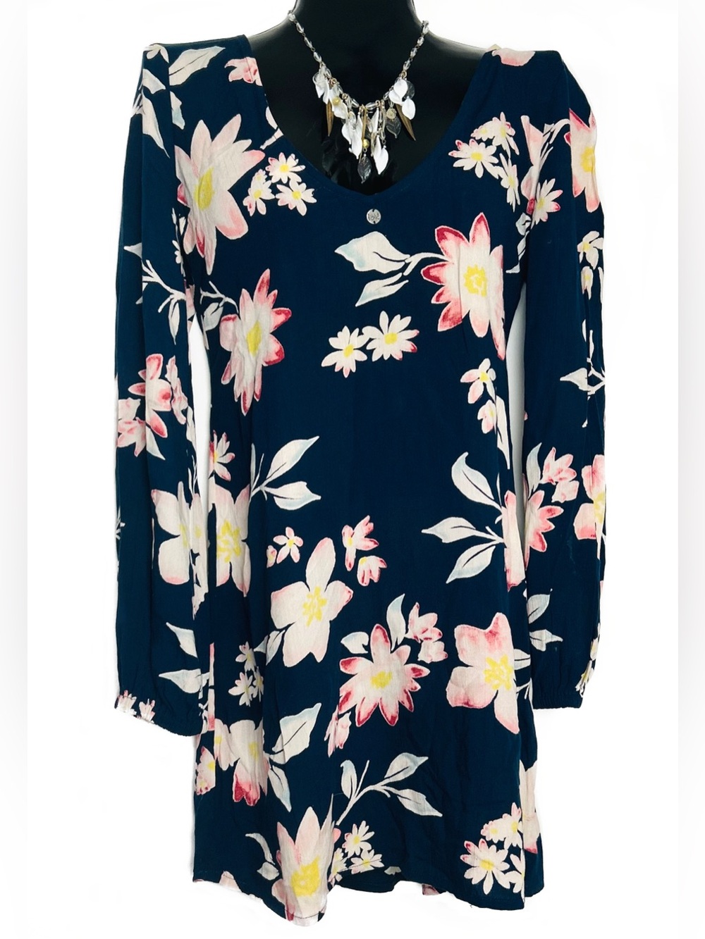 Navy Floral V-Neck  Tunic Dress